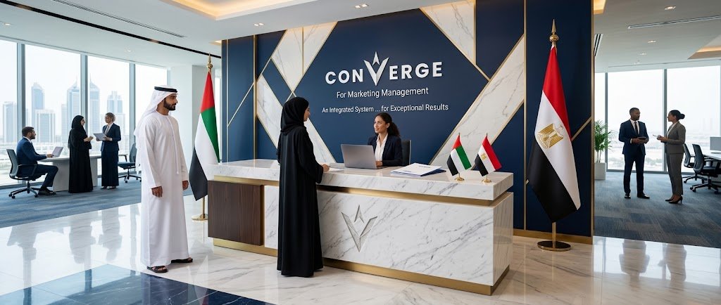 استقبال مكتبي بهوية Converge البصرية وأعلام الإمارات ومصر
