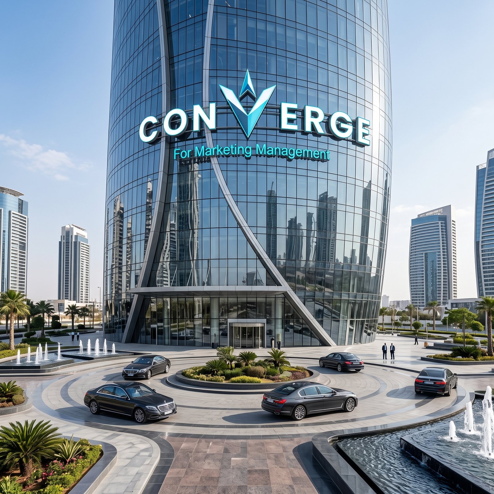 تصوّر لبرج مكاتب حديث يحمل علامة Converge في أفق مدينة حديثة